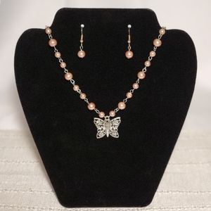 Pearl & Butterfly Necklace with Matching Earrings